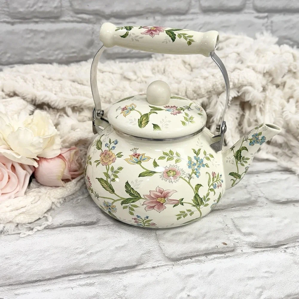 Floral Enamel Tea Pot Kettle Stove Top Porcelain  Cottage Core Farmhouse Nice! - Picture 11 of 15